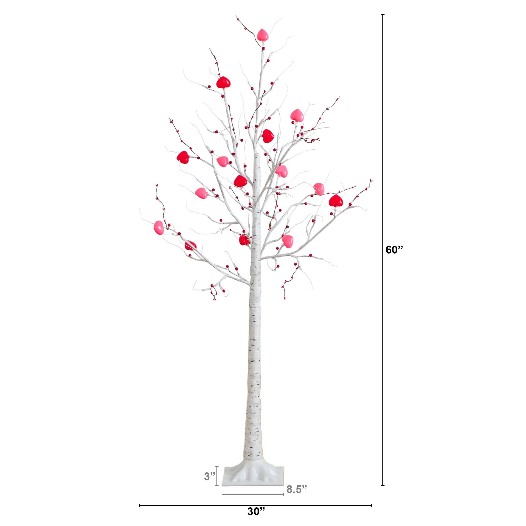 5ft. Pre-Lit Artificial Valentine's Day Twig Tree with 72 Heart Shaped LED Lights and Red Berries